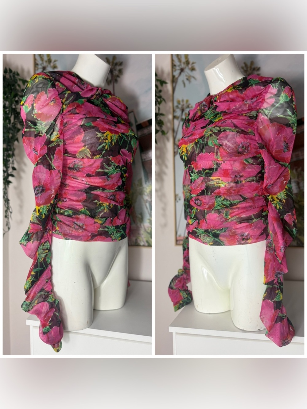 Zara Pink Black Floral Mesh Ruched Crop Top Sheer Thumbhole Blogger Size XL - Picture 5 of 9